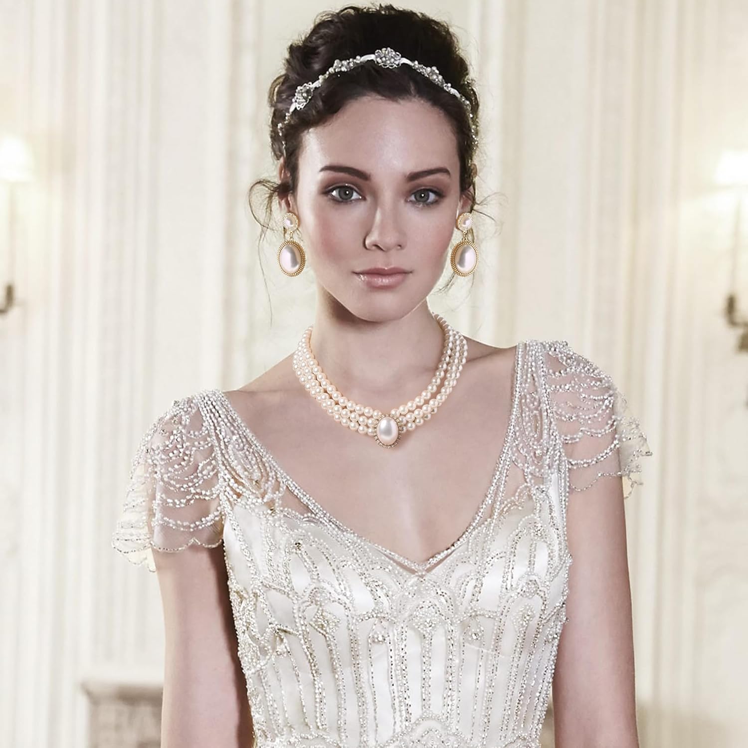 EVER FAITH 1920s Gatsby Jewelry Set for Party, Crystal Simulated Pearl Vintage Inspired Chandelier Necklace Earrings Sets for Woman