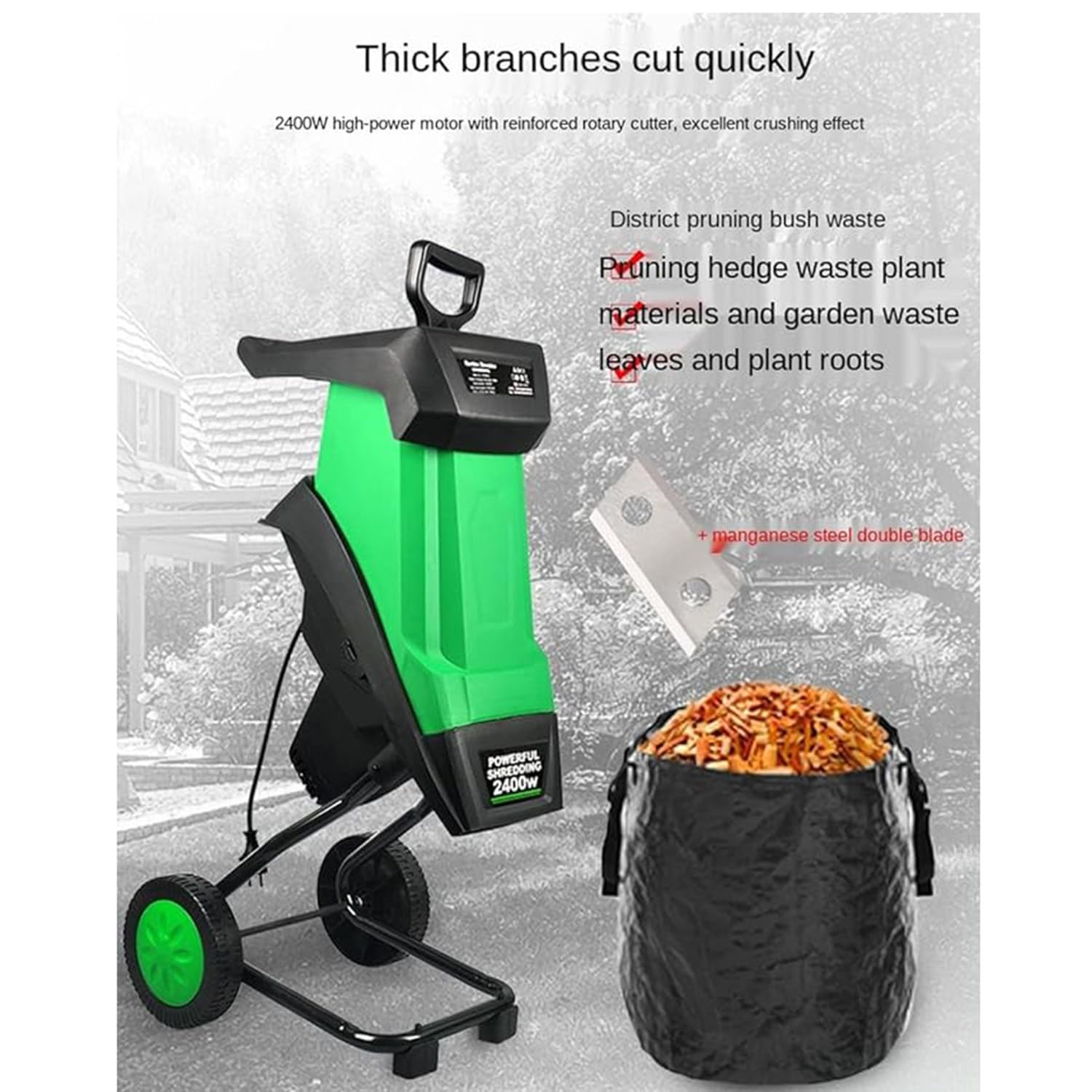 Trituradora eléctrica de madera para jardín con deflector de alimentación y bolsa de recolección, diseño portátil para un astillado eficiente, ideal para la gestión de residuos de patio
