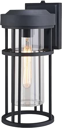 VAXCEL Crestline 14 in. H 1-Light Textured Black Dusk to Dawn Sensor Outdoor Wall Sconce, Rust-Resistant Aluminum, Clear Glass Shade, LED Compatible for Exterior Porch Patio Front Door or Garage