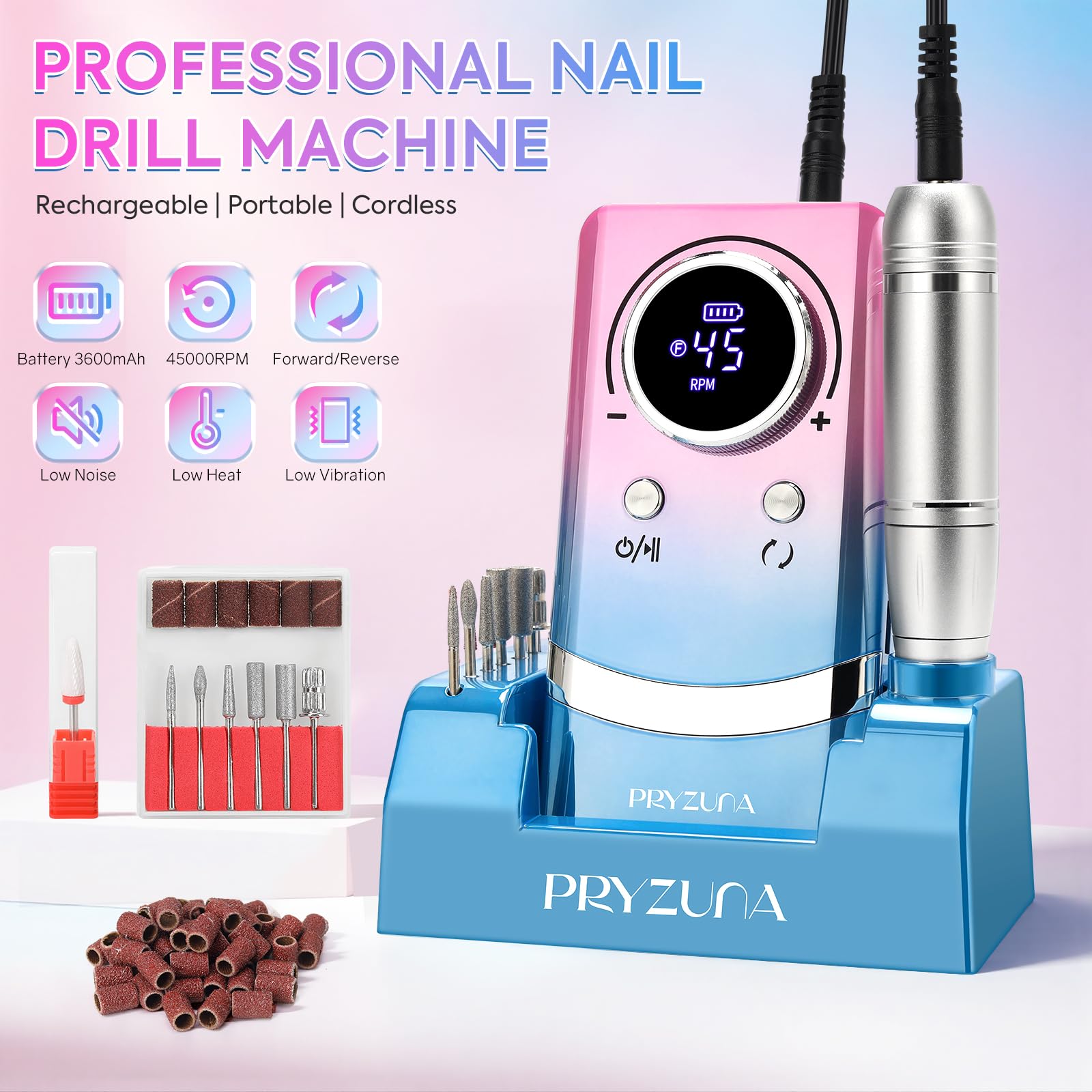 Taladro de uñas profesional, lima eléctrica portátil de 45000 RPM, taladro de uñas inalámbrico con kit de brocas y base, para uñas de gel acrílico, máquina de archivo E, pulido de manicura, para salón