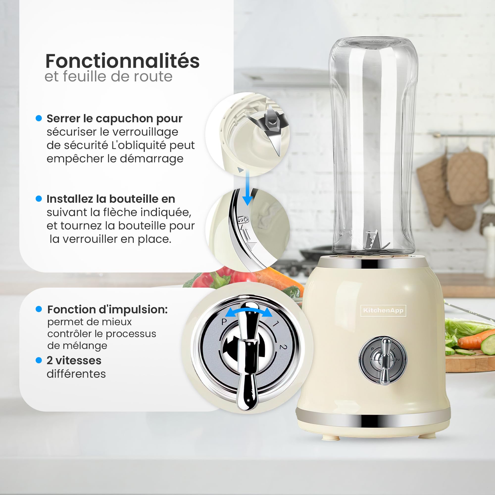 Mixeur Électrique avec 2 Bouteilles Portables de 600 ml sans BPA pour Smoothies | Mixeur Multifonctionnel pour Milkshakes Fruits | 6 Lames en Acier Inoxydable