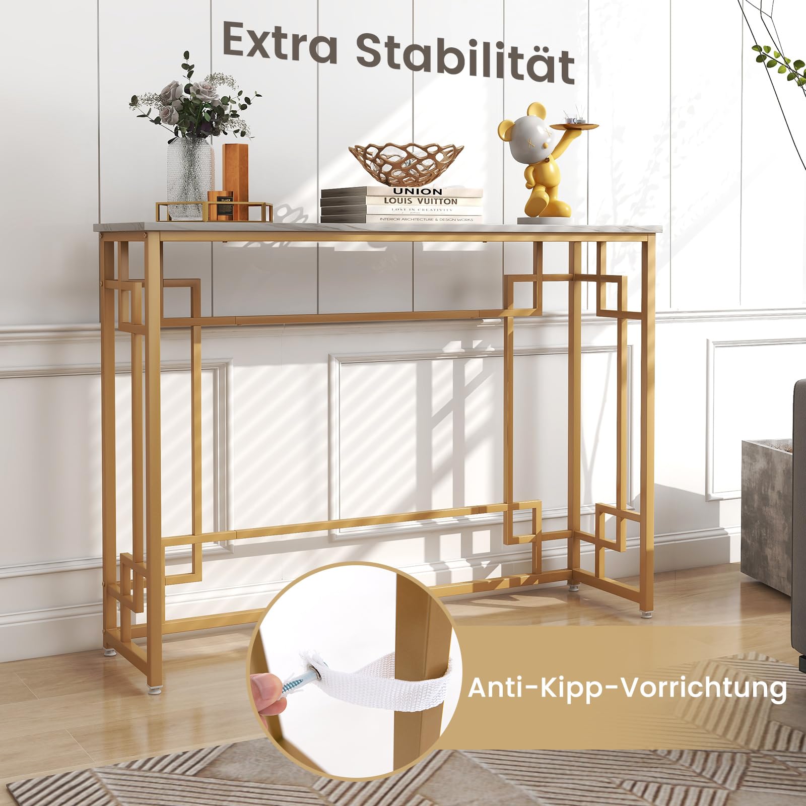 COSTWAY Consoletafel met marmerlook, smalle entreetafel met metalen frame, bijzettafel, voor woonkamer, hal, slaapkamer, ingang, 100 x 30 x 80 cm, wit en zwart, VH33457DE
