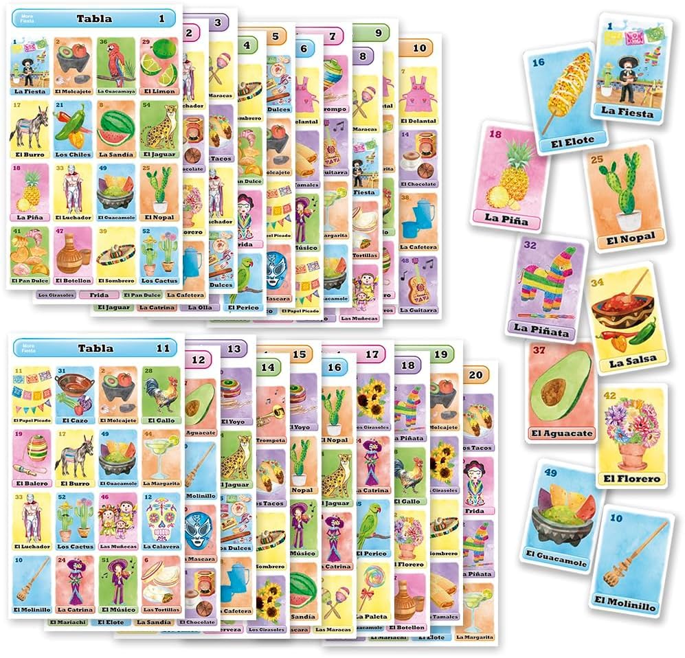 Loteria Fiesta Mexican Bingo Game Set in Spanish for 20 Players - 20 Playing Boards and Full Deck of Calling Cards