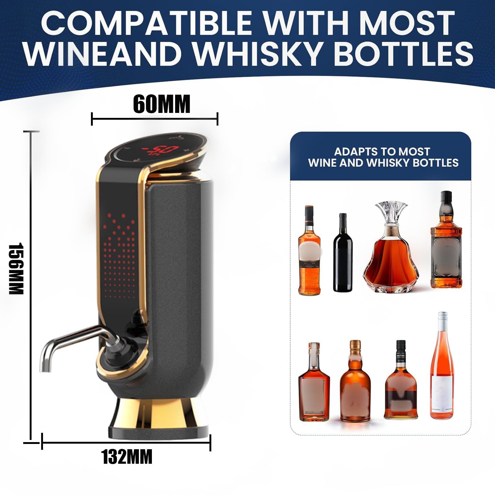 Carafe à vin électrique et distributeur de liqueur intelligent, rechargeable automatique avec aération instantanée et affichage LED, dosage réglable pour les amateurs de vin et de whisky