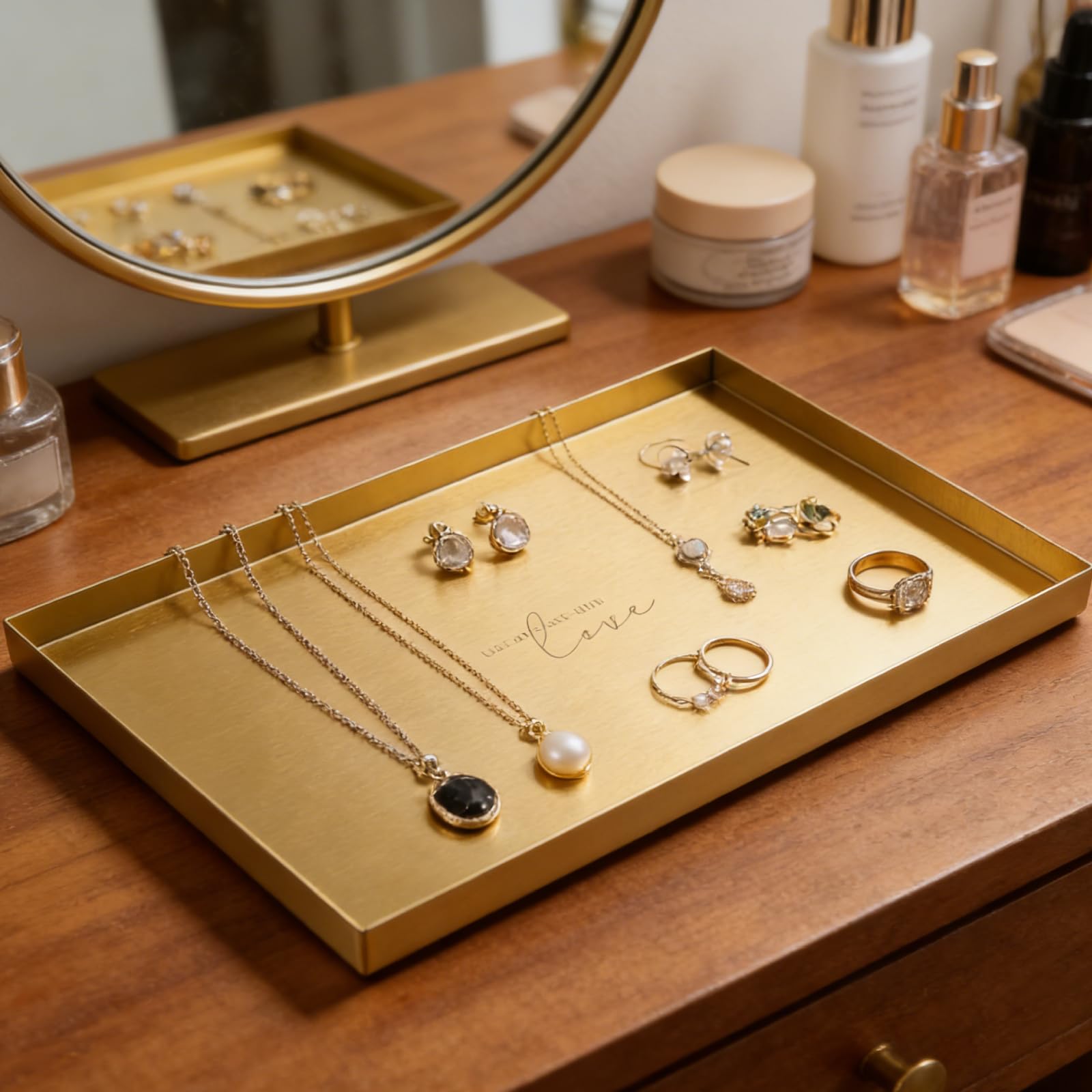 Vassoio Bagno Portaoggetti Impermeabile, 30x20cm Oro Vassoio Decorativo Rettangolare Grande, Acciaio Inox Vassoi Portaoggetti Per Vanità,Comò, Ingresso, Bagno, Vasca, Gioielli,Cosmetici,Candele