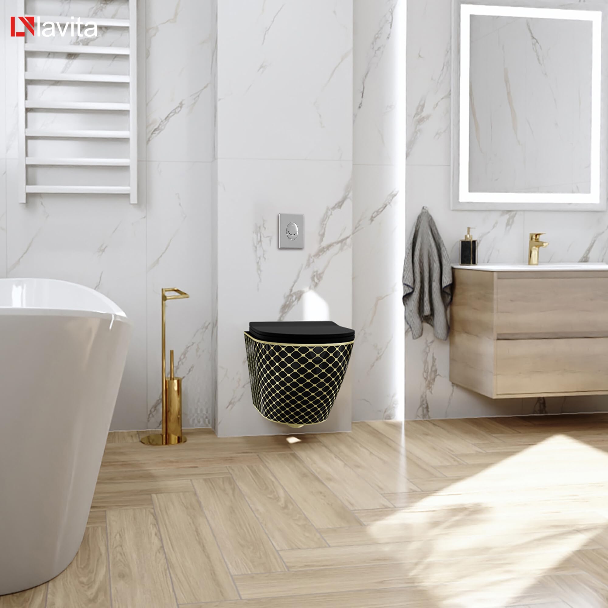 LAVITA | Vorwandelement Solido Start + Wand Hänge WC Sofi Slim Black Night Spülrandlos + WC-Sitz SoftClose |Verchromter Knopf | Komplettset | Unterputz Spülkasten | Toilette Komplett Sett |