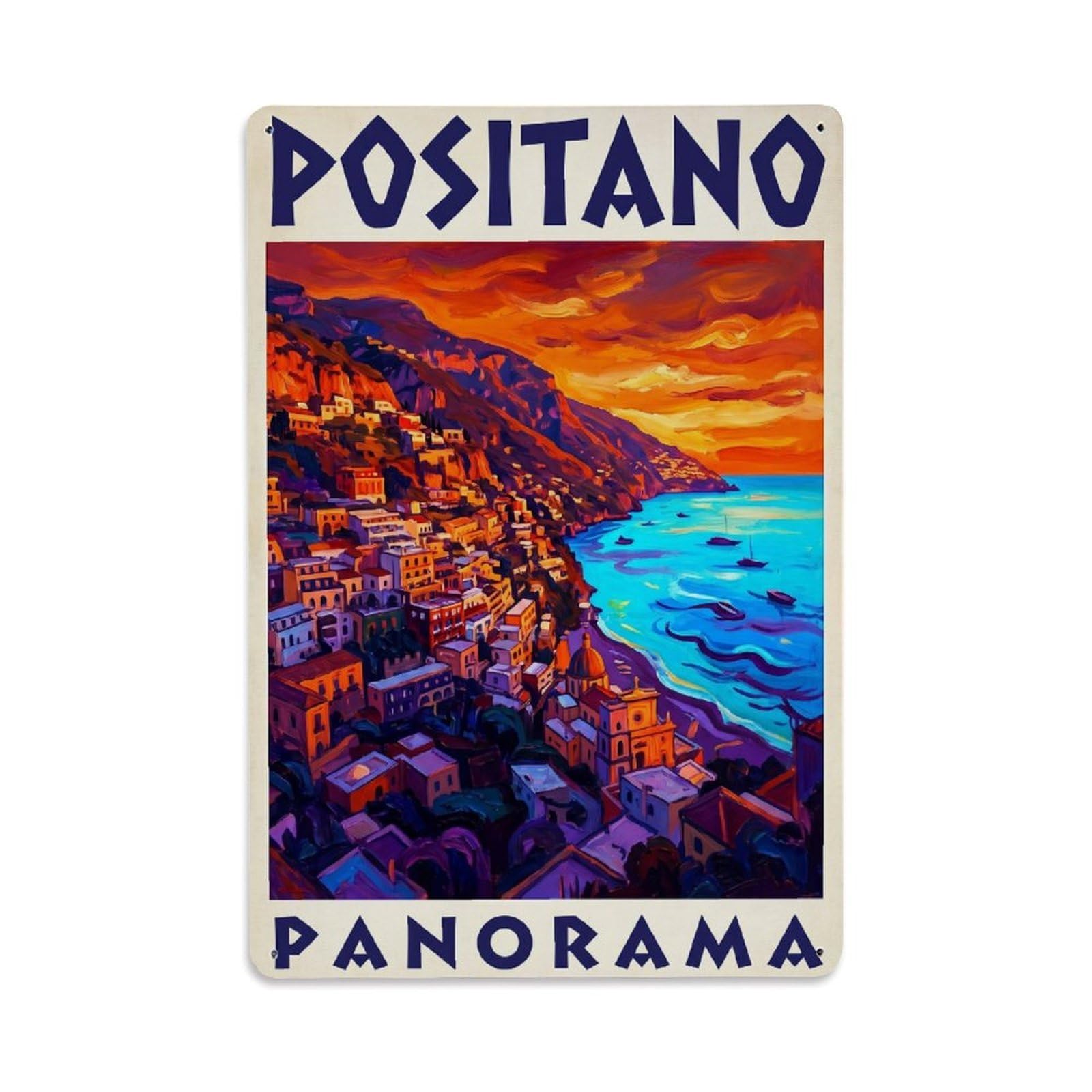 Vintage Travel Positano Italy Panorama Metal Tin Sign Plaque Wall Decor for Cafe, Club Bar, Office, Garden Metal Poster 8x12Inch