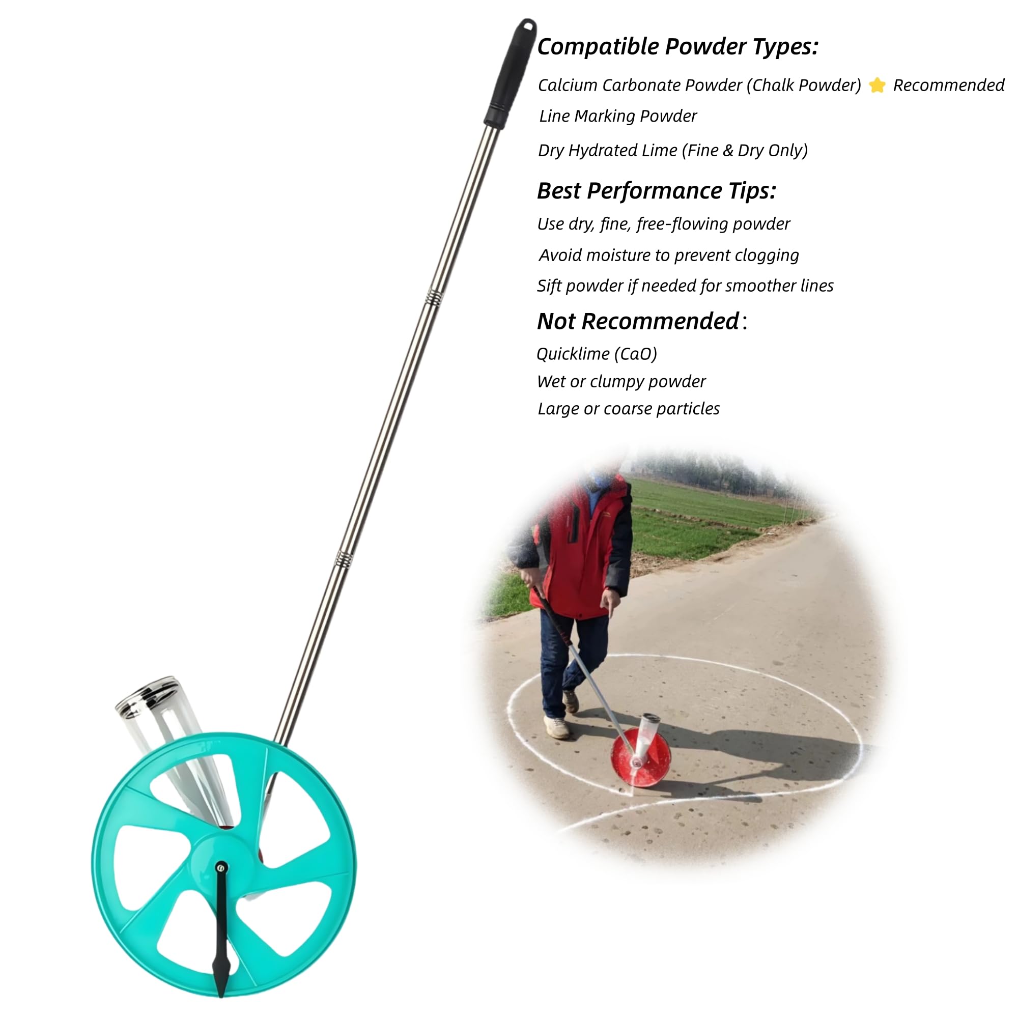 Linienmarkierungsrad – 1000 ml Kreidepulverspender mit 31 cm Rolle – verstellbarer Griff 101–122 cm – ideal für Sportplätze, Straßen, Strecken und Baustellen