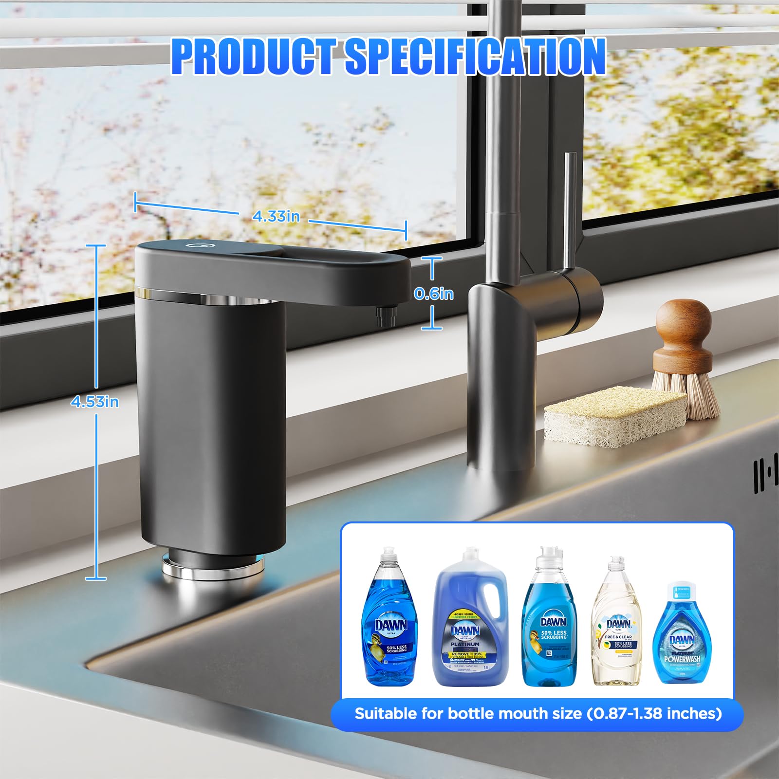 Dispensador de jabón para platos para fregadero de cocina, dispensador integrado sin tacto, sistema de dispensación de líquidos con kit de tubo de extensión sin derrames de 35 pulgadas, diseño para