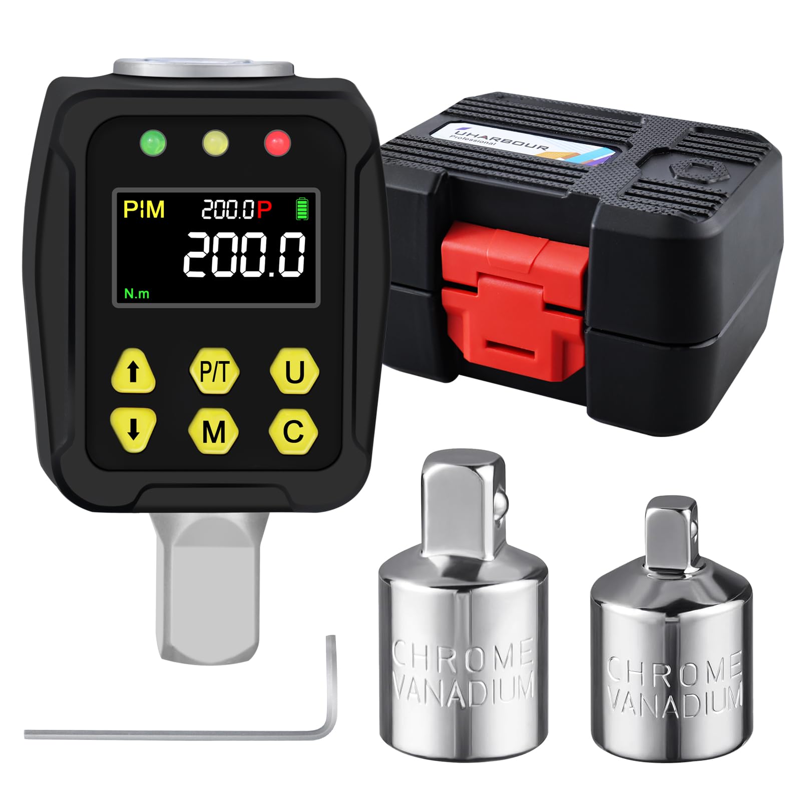 Uharbour Digital Torque Adapter 1/2 Inch 10-200 Nm, Torque Wrench Digital with LCD Display, Peak/Track Mode, Buzzer and LED Display, ±2% Error Accuracy, for Car, Bike, Motorcycle