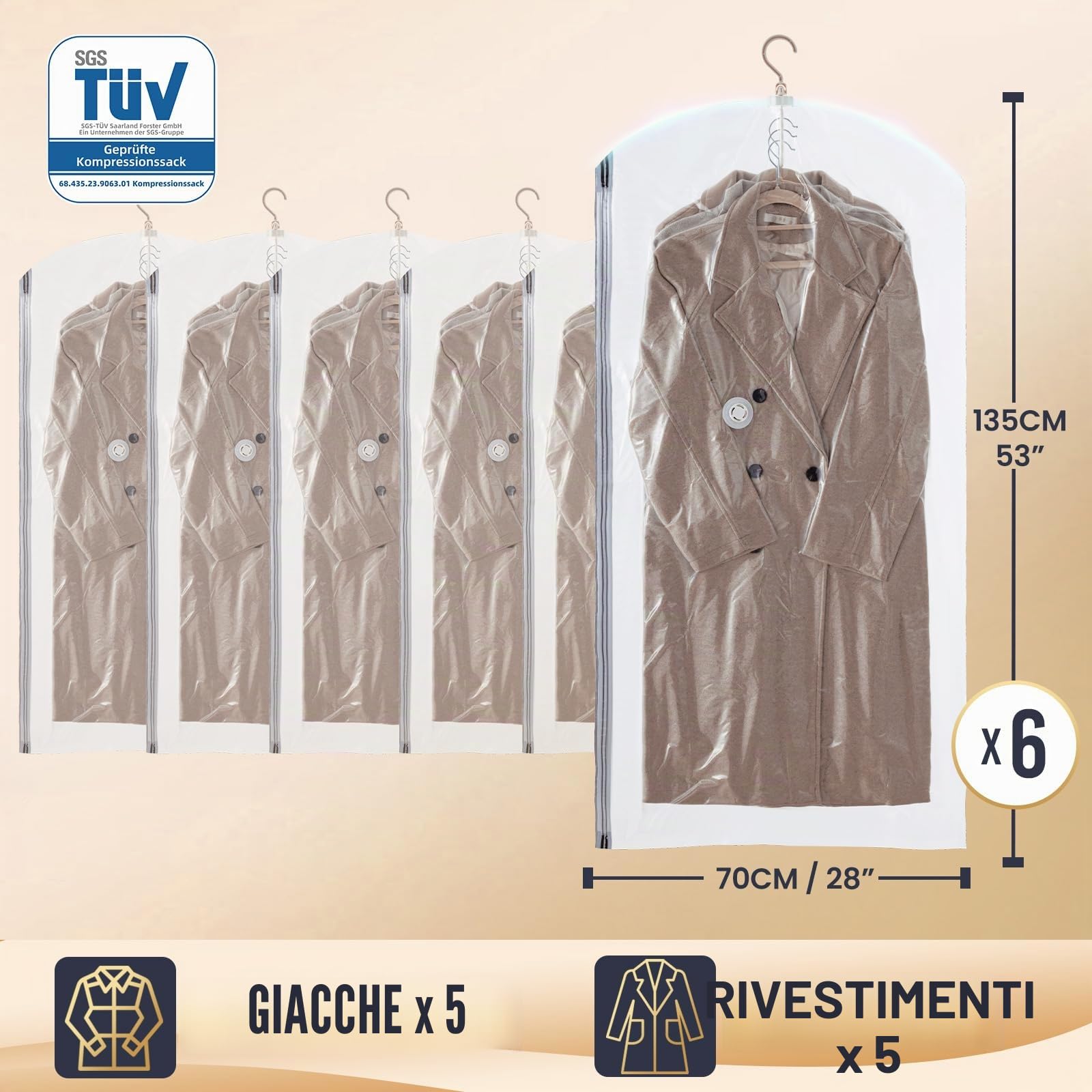 TAILI Sacchetti Sottovuoto Vestiti Appendere Buste Sottovuoto,6 Jumbo | Buste Sottovuoto Vestiti Sacchetti con Gancio per Abiti, Conservazione di Giacche - Sacchetti Sottovuoto Salvaspazio Viaggi