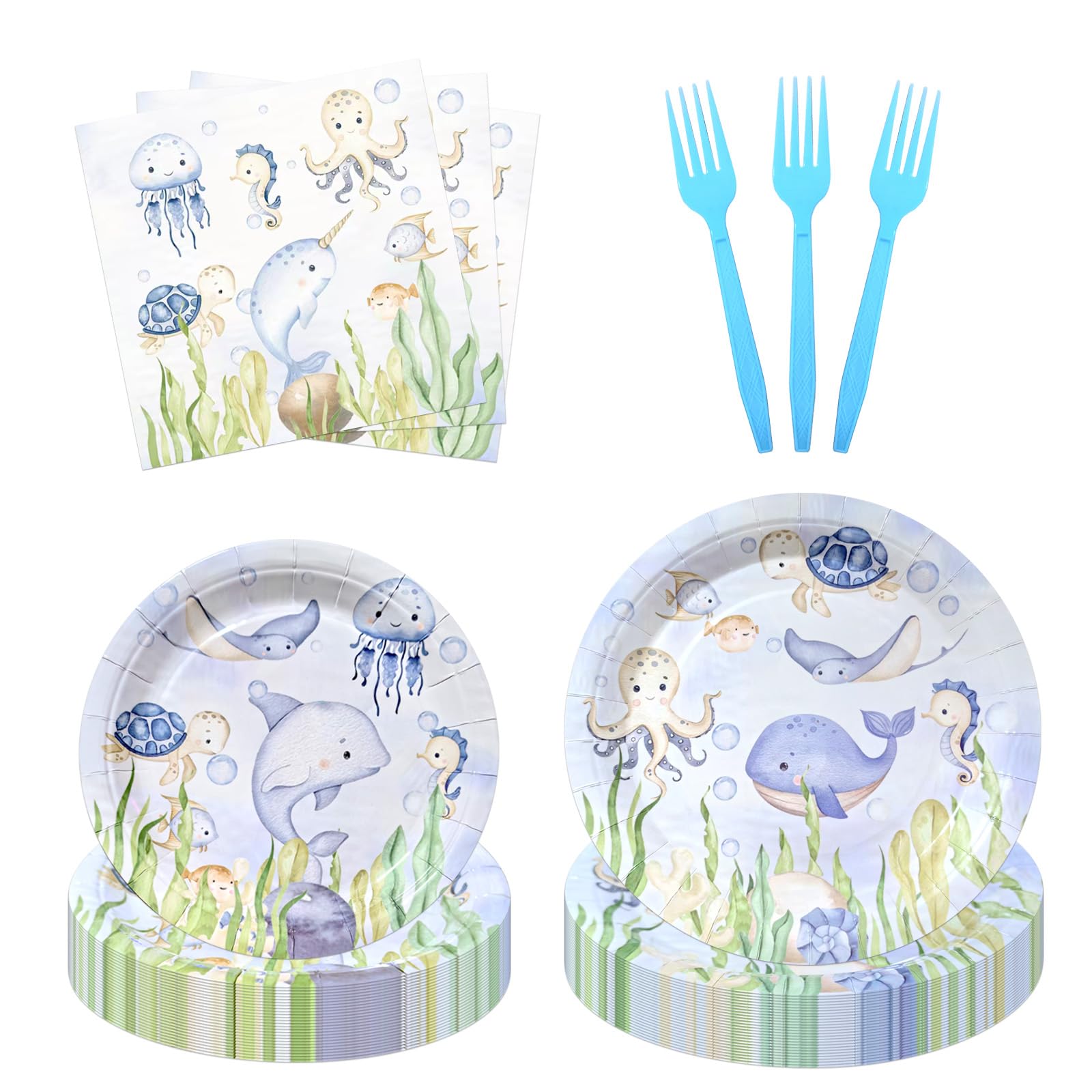 zczsosomo 108 Pcs Undersea Plates Napkins and Forks Dinnerware Set Undersea Theme Party Tableware Supplies Cute Ocean Animals Disposable Dinnerware
