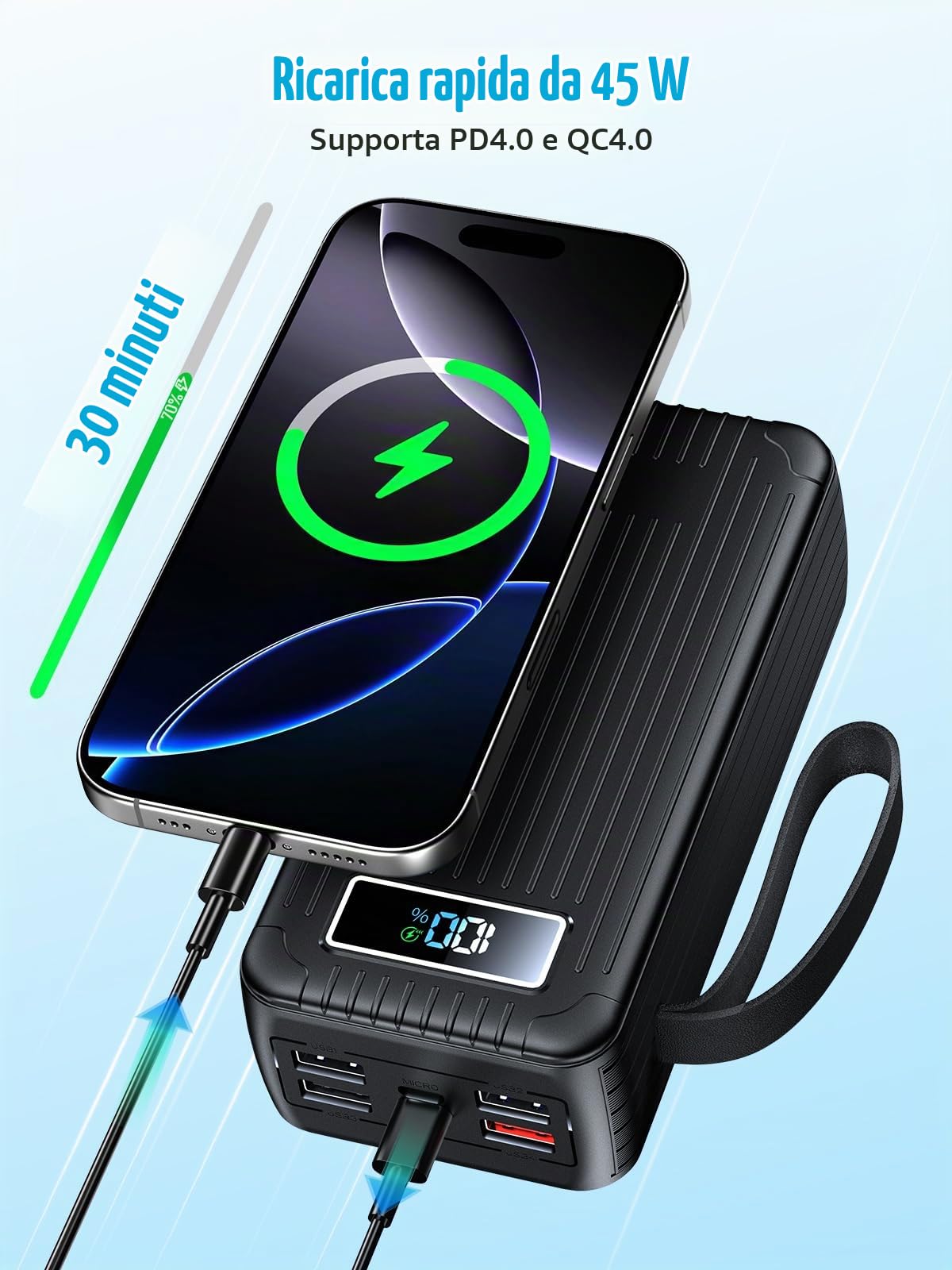 60000mAh Power Bank con cavo, 30W Powerbank PD USB C funzione di ricarica rapida Batteria esterna con display a LED, 7 uscite e 2 ingressi