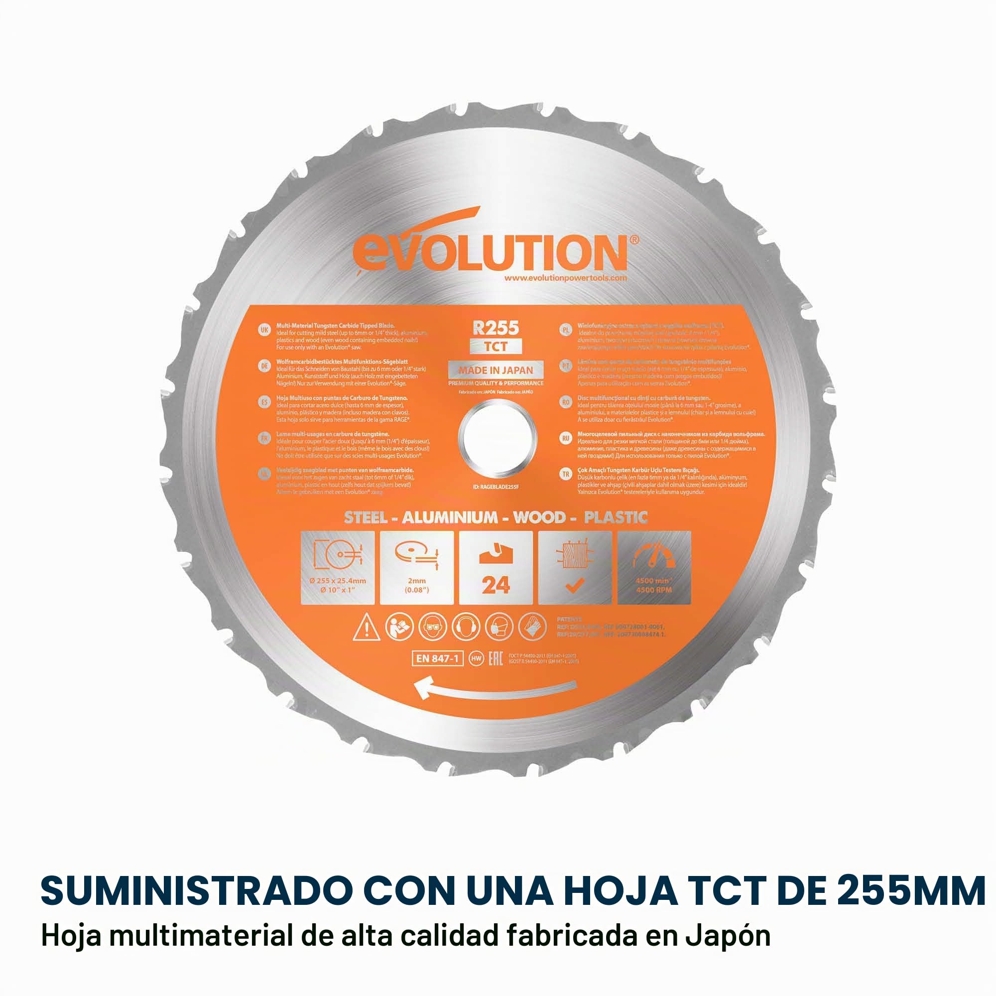 Evolution Power Tools R255MTS Sierra de mesa, multi-material y multiuso, portátil, corta madera, metal, plástico y más, sierra de banco, incluida hoja TCT de 255 mm