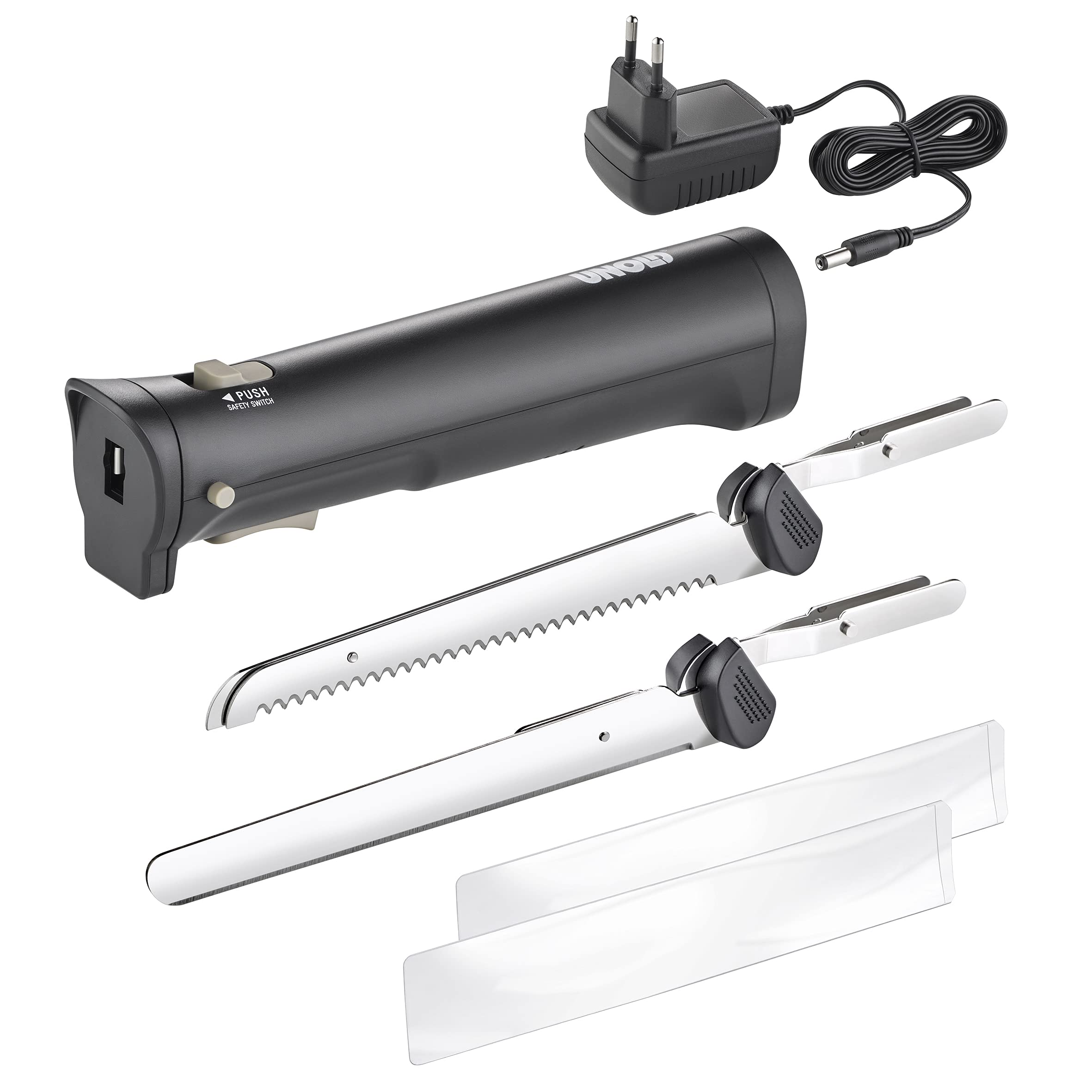 Unold 78815 Coltello elettrico senza fili con due coltelli intercambiabili in acciaio inox per pane, verdure, carne o pesce, durata della batteria di 45 minuti, senza fili – per una
