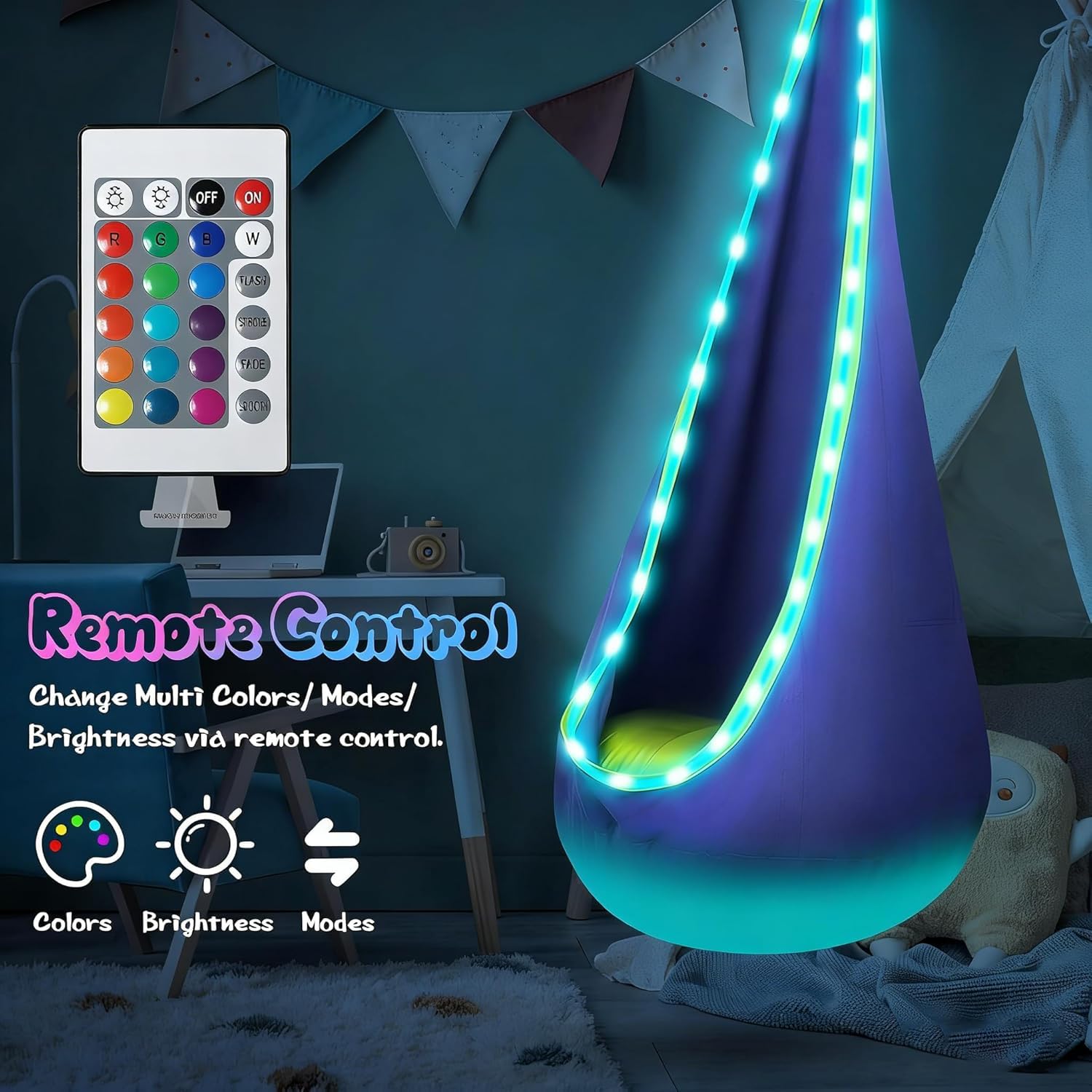 Balançoire Lumineuse - Balançoire-hamac en Taffetas de Nylon Haut de Gamme amélioré, avec lumières LED et Coussin Gonflable | Utilisation à l'intérieur et à l'extérieur
