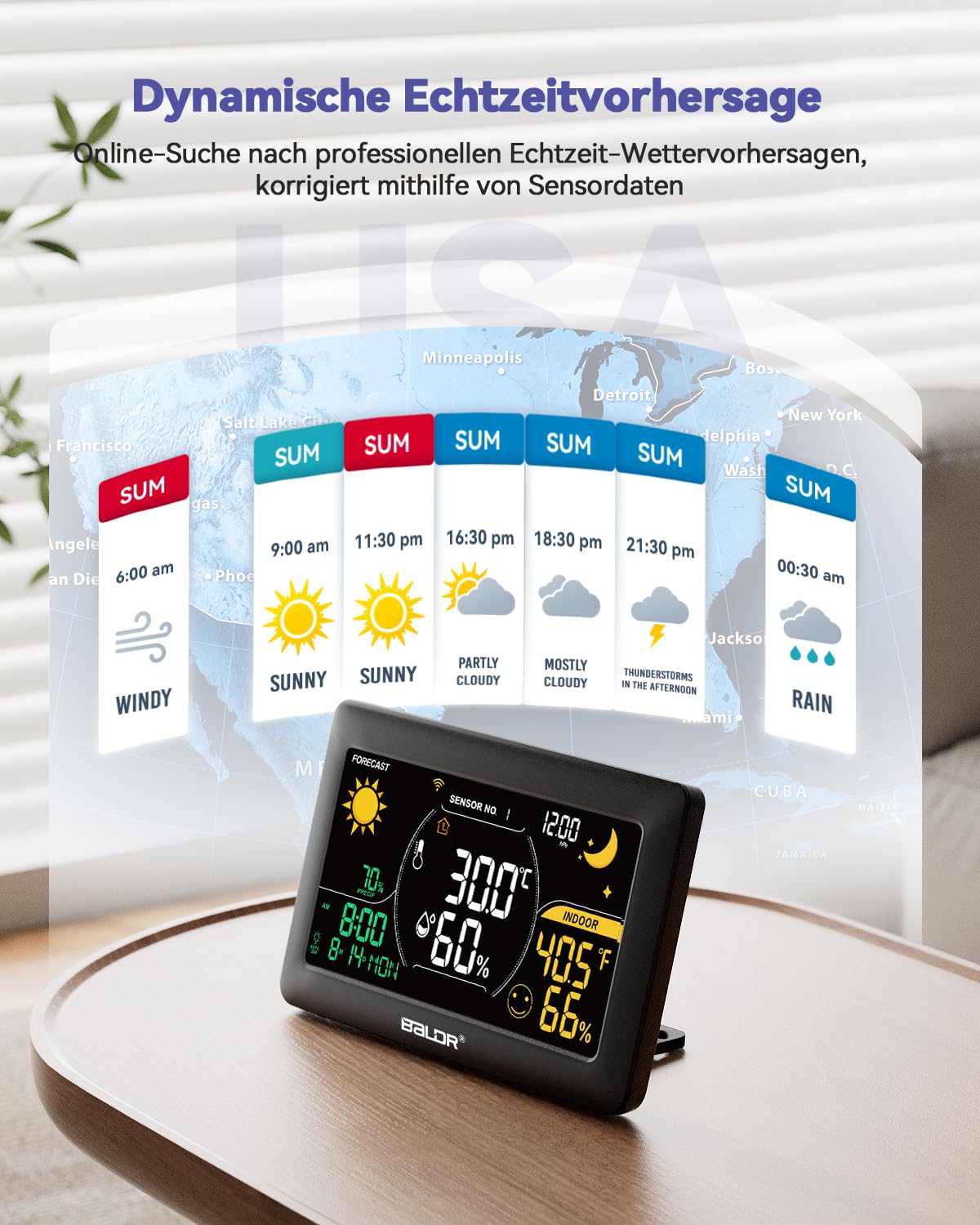 BALDR WLAN-Wetterstation mit App, 7,5-Zoll-Farbdisplay, 3 drahtlose Sensoren, kabellose Wetterstation für drinnen und draußen mit Echtzeit-Internetvorhersage