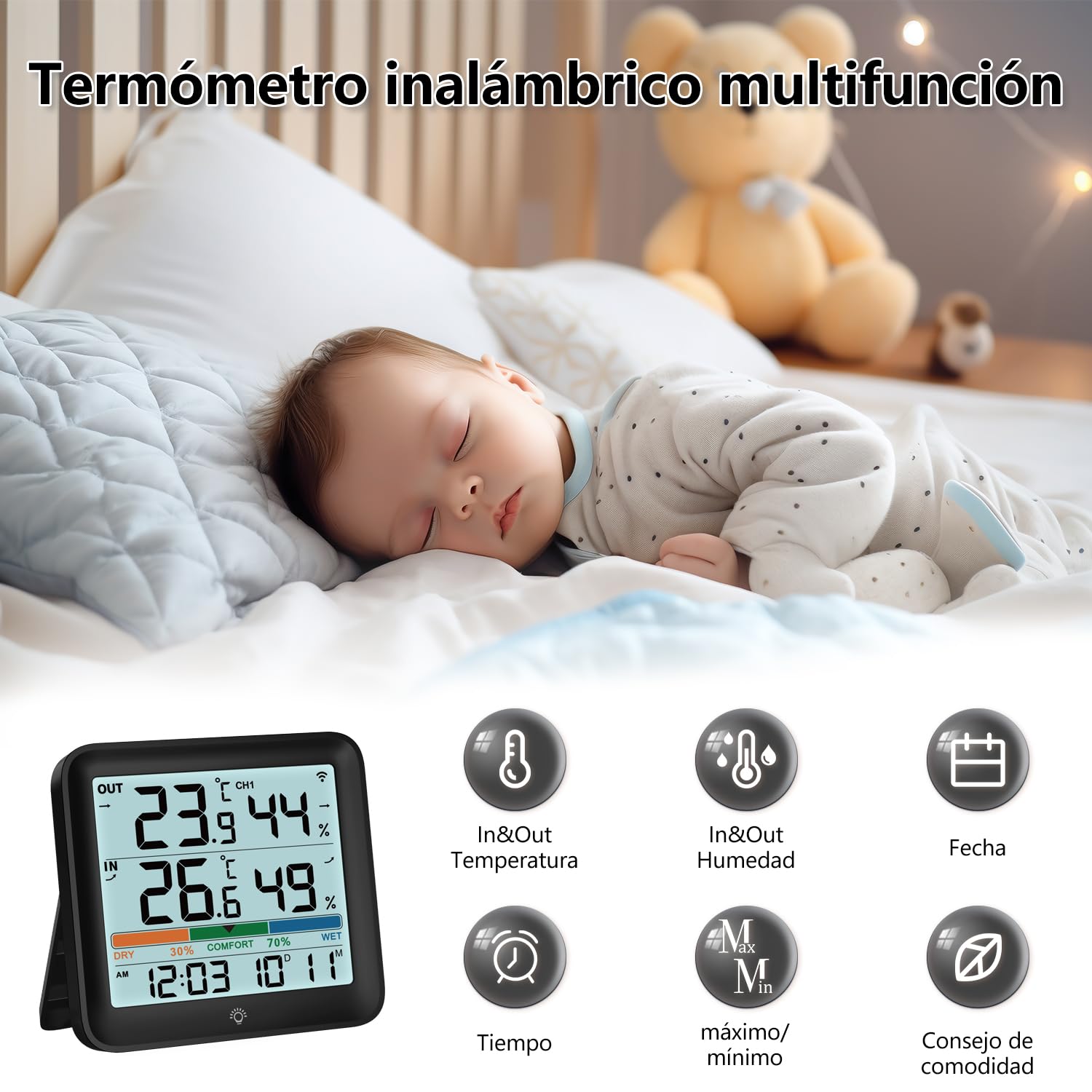VOCOO Termómetro Para Interiores y exteriores Higrómetro Monitor de Humedad Medidor de Temperatura Digital Estaciones Meteorológicas con Retroiluminación LCD Reloj Fecha Valor Mínimo/Máximo