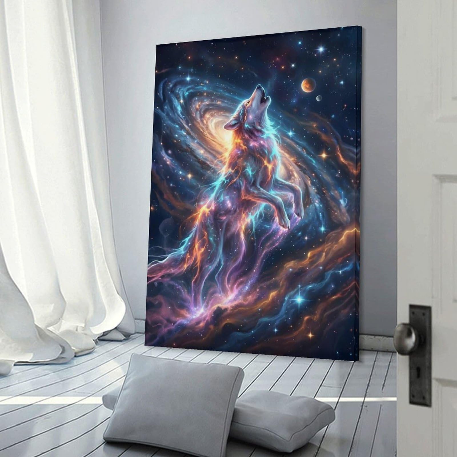 Junmoney Frame-Style-7 Cosmic Wolf Howling At The Moon Hanging Wall Art 24X36inch(60X90cm), For New Homes, Bedrooms Or Workspaces, Thoughtful Wall Decor For Art Lovers