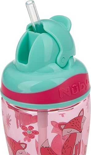 Miniatura 2 de Nuby Thirsty Kids - Taza de refuerzo impresa Flip-it con popote fino y suave, 12 onzas, más de 18 meses, 1 paquete (rosa y aguamarina)