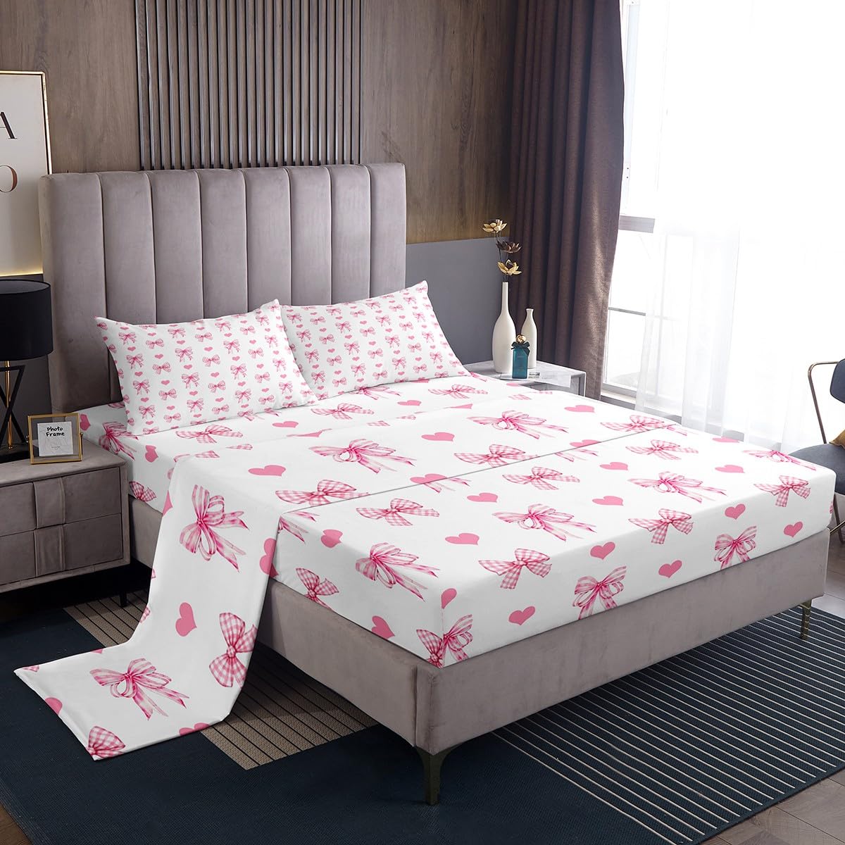 Feelyou Kids Pink Bowknot Sheet Set King Size, Dreamy Princess Bed Sheets Set Boys Girls Cute Bow Sheets with Deep Pocket Fitted Sheet Love Heart Teens Bedding Set with 2 Pillow Case