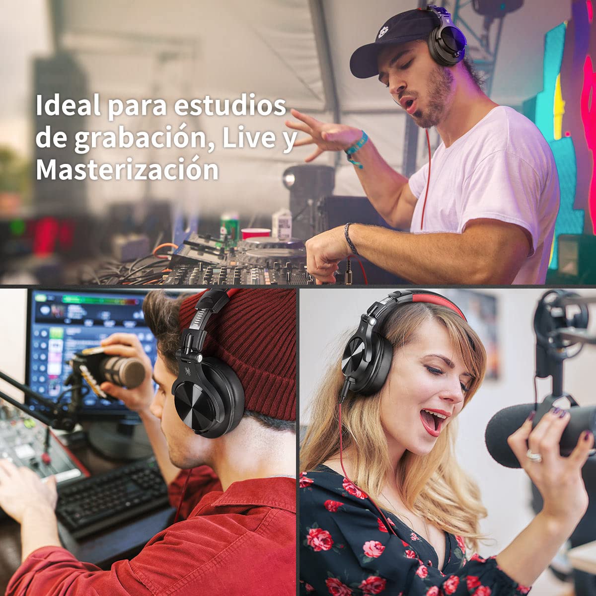 Auriculares OneOdio sobre la oreja, auriculares DJ con cable, auriculares HiFi de estudio con puerto compartido para monitor de grabación AMP de guitarra de piano e-drum (Rojo2)