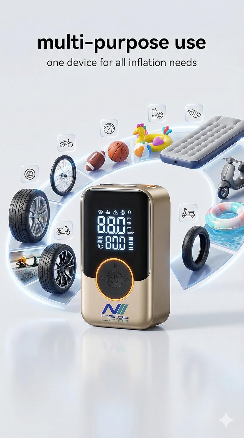 Nextwaves Portable Tire Inflator – Electric Mini Air Pump with Digital Display & Auto Shut-Off, 150 PSI Rechargeable Air Compressor for Car, Bike, Motorcycle & Balls – LED Light & Multi Nozzle Kit