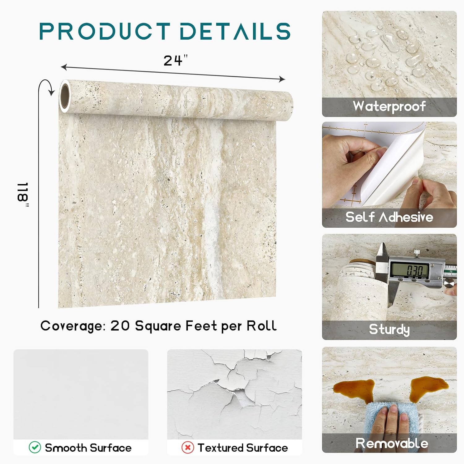 VEELIKE Beige Travertine Marble Contact Paper for Countertops Waterproof Peel and Stick Countertop Vinyl Wrap 24''x118'' Self Adhesive Removable Stone Marble Wallpaper for Counter Top Coves Kitchen