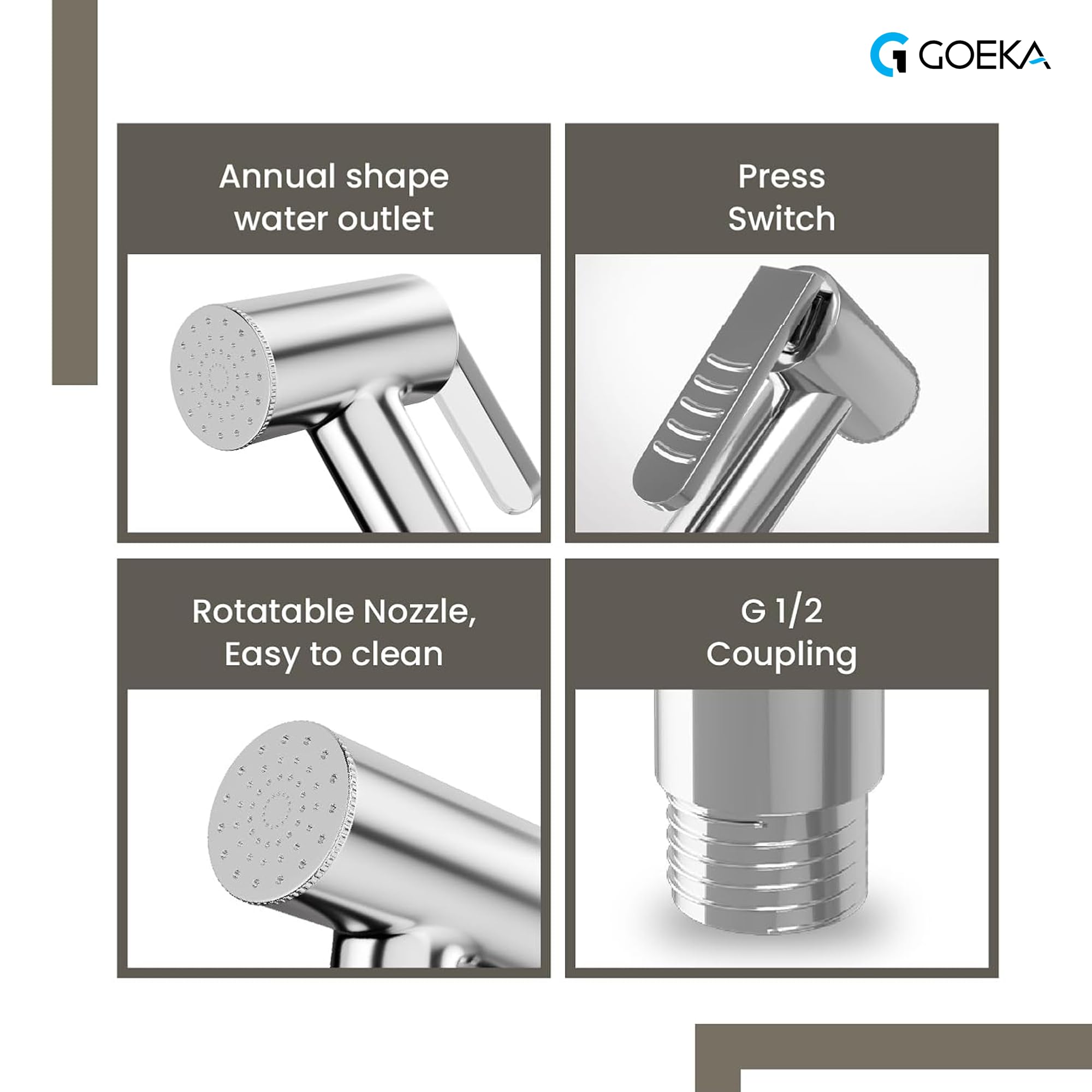 GOEKA® Health Faucet Gun Hand Jet Bidet Spray Head with 1 Metre SS Tube & ABS Hook | ABS Material | Chrome Finish | Wall Mount Installation | Durable Bathroom Health Faucet 1