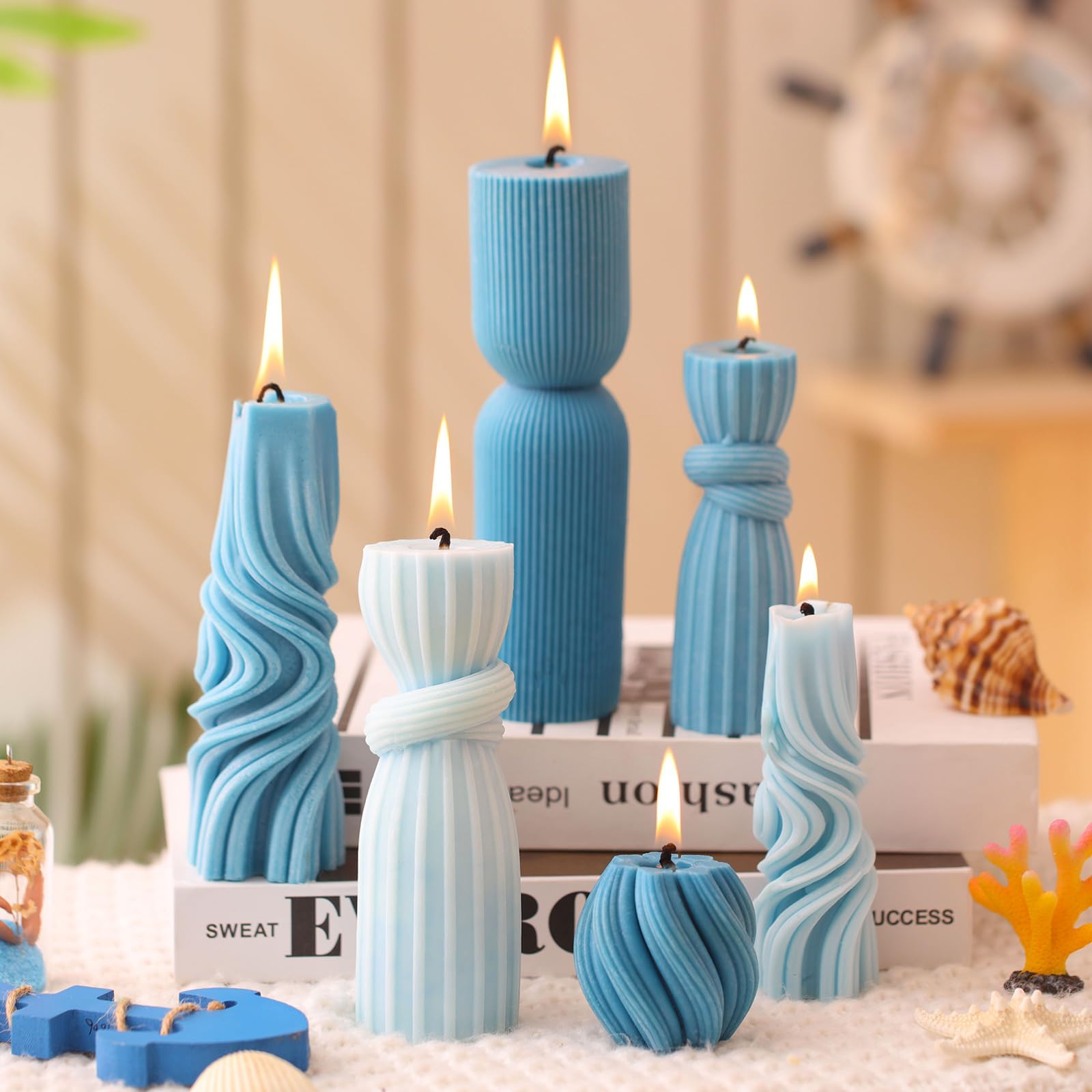 Blue Ribbed Candle