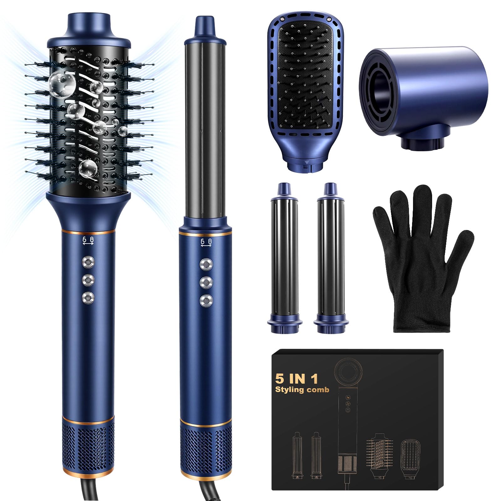 Air Brush 5 en 1 Hair Styler Airbrush,1400W Seche Cheveux avec Airbrush Cheveux,Brosse Lissante,Fer a Boucler, pour Sécher, Boucler, Lisser, Femmes,200 Millions d'ions Négatifs -Bleu