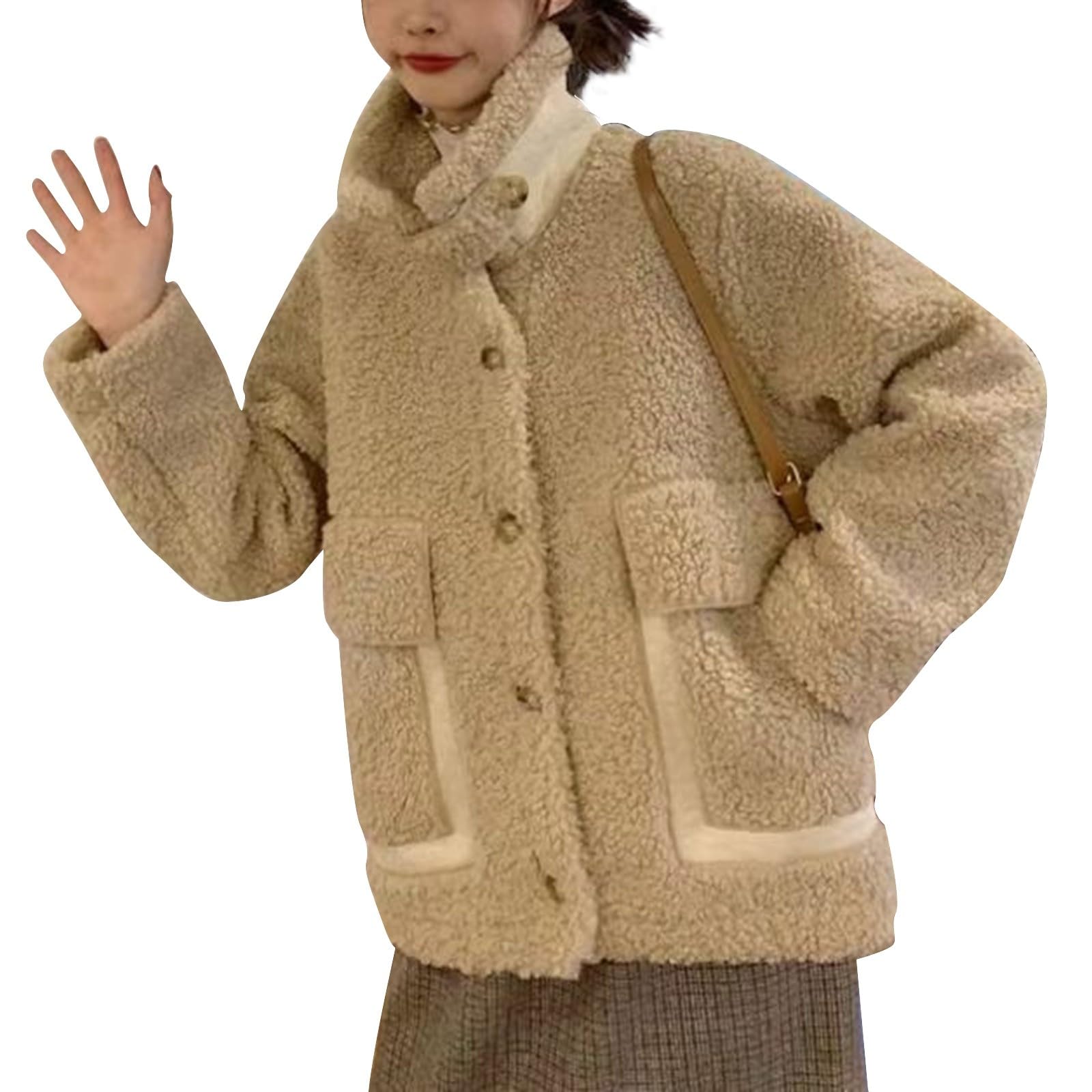 Teddyjacke Damen Winter Kuscheljacke Flauschig Teddy - Mantel Casual | Damen Fleecejacke Ohne Kapuze Winterjacke Frauen Winddicht Plüschmantel Mit Taschen Fleecemantel Mit Knöpfen