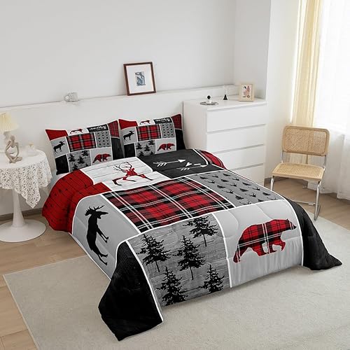 Miniatura 2 de Juego de edredón de oso de ciervo y cuernos para niños, tamaño matrimonial, juego de ropa de cama de retazos con flechas bohemias para niños, niñas