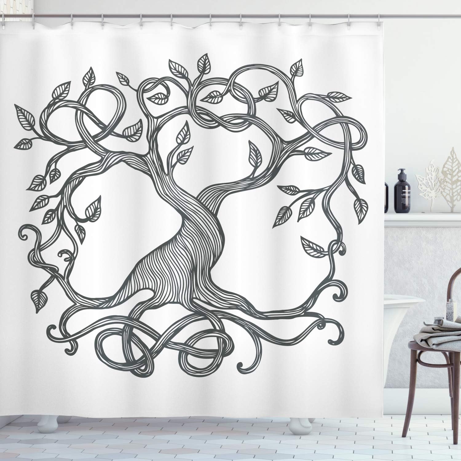 Ambesonne Celtic Shower Curtain, Single Tree Life Swirly Long Branchesnd Roots European Theme, Cloth Fabric Bathroom Decor Set with Hooks, 69" W x 70" L, Charcoal Grey White