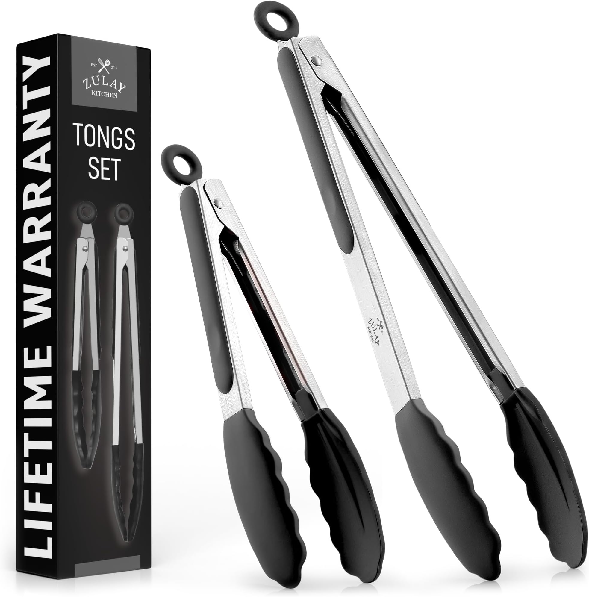 Zulay Premium Set of Stainless Steel Tongs for Cooking, Grilling and Barbecue - 12" Heavy Duty Silicone Tongs with Heat Resistant, Nonstick, Silicone Heads, Safe for Non-Scratch Cookware