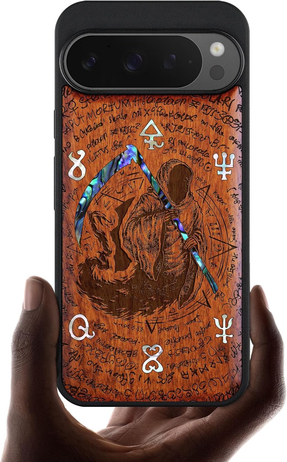 Carveit Magnetic Wooden Case for Google Pixel 9 Pro XL Case, Wood Artisan Engraved & Handmade Shell Inlaid, Compatible with MagSafe Wireless Chargers, The Grim Reaper of Carved - Rosy