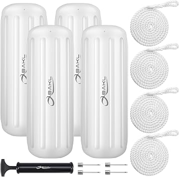 Boat Fenders 4 Pack 10 x 28 Inches Ribbed Center Hole Boat Fenders Bumpers for Docking, with Ropes and Pump to Inflate