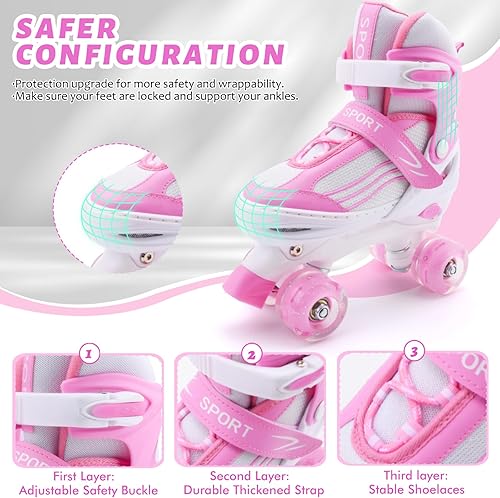 Miniatura 10 de LEJIJIT Patines de ruedas para niños y niñas de 3 a 12 años, ajustables en 4 tamaños para niños y jóvenes adolescentes con ruedas iluminadas, cuatro