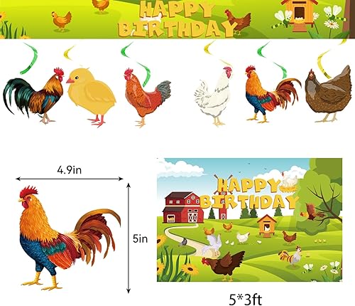 Miniatura 4 de Juego de decoraciones de fiesta de cumpleaños de pollo pancarta, telón de fondo, espirales, adornos para cupcakes de pasteles, globos para baby