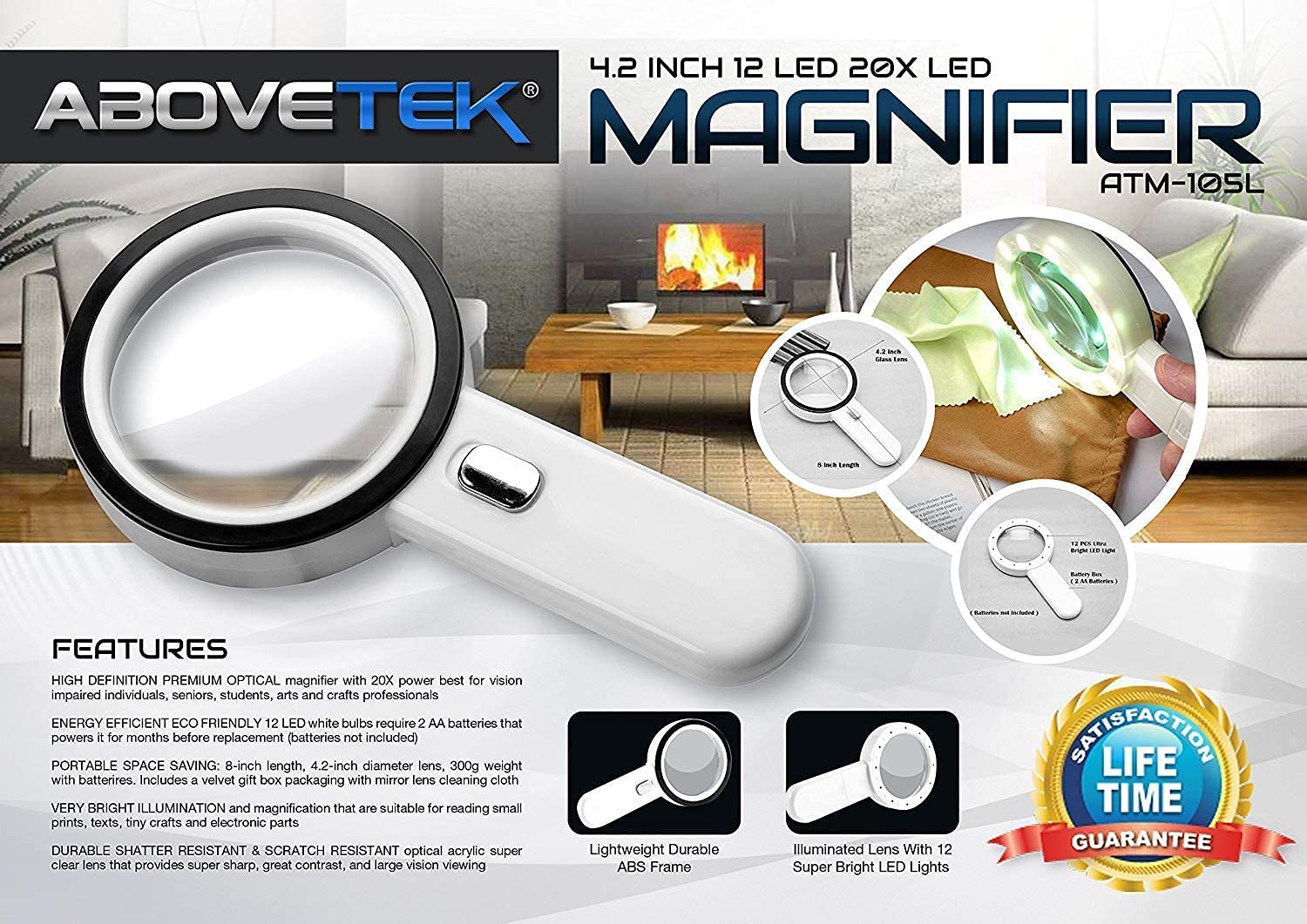 Leselupe, HD-Handlupe, 4,2 Zoll, 20-fache Vergrößerung, mit 12 LEDs, große transparente optische Linse, Beleuchtung, ideal zum Lesen, Nähen und für Hobbys.