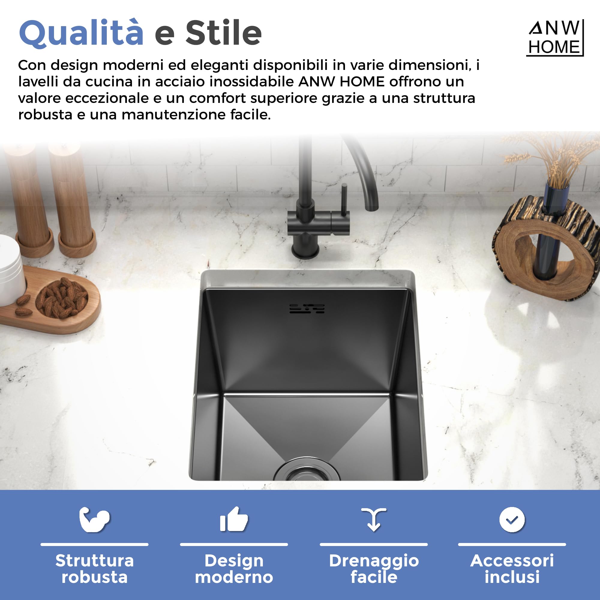 ANW HOME Lavello Cucina 1 Vasca Lavandino Cucina Acciaio Inox 304, Lavello da Incasso o Sottotop 37x45 cm Grafite PVD, Rivestimento Nano, Spessore 3,0+1 mm, Profondità 22 cm, con Sifone