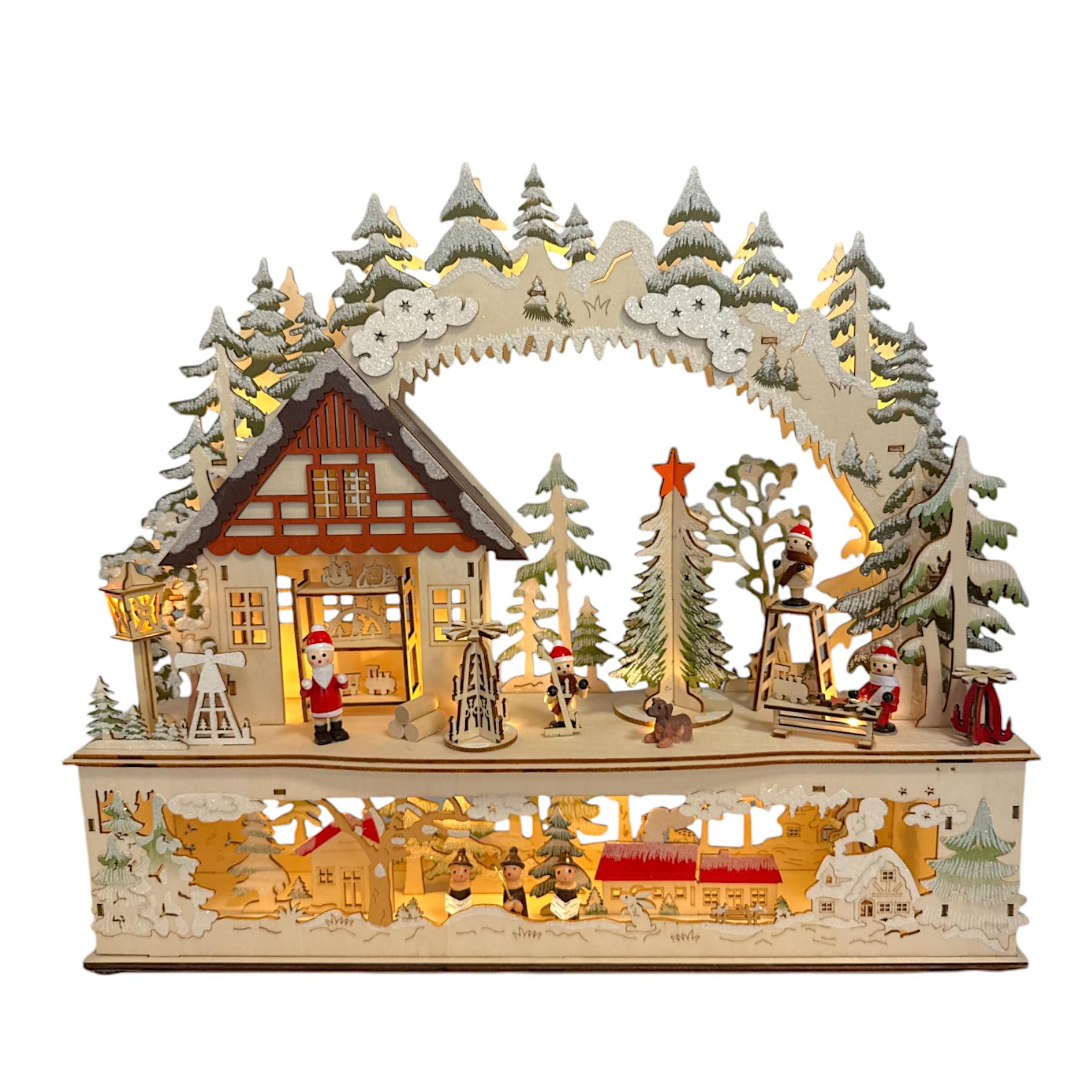 Wichtelstube-Kollektion XL LED Schwibbogen Wichtelwerkstatt Lichterbogen Weihnachten Echtholz beidseitig bemalt Schwippbogen mit Podest