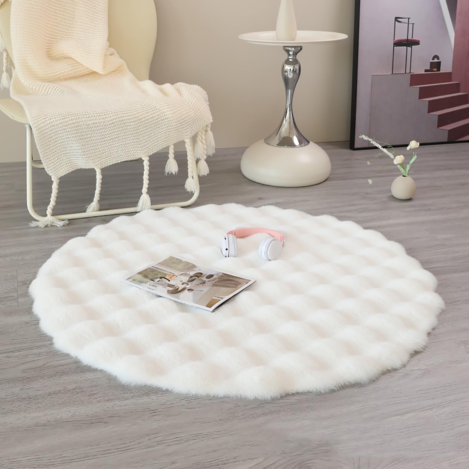 Tapis rond blanc 110cm aspect fourrure poils courts pour salon