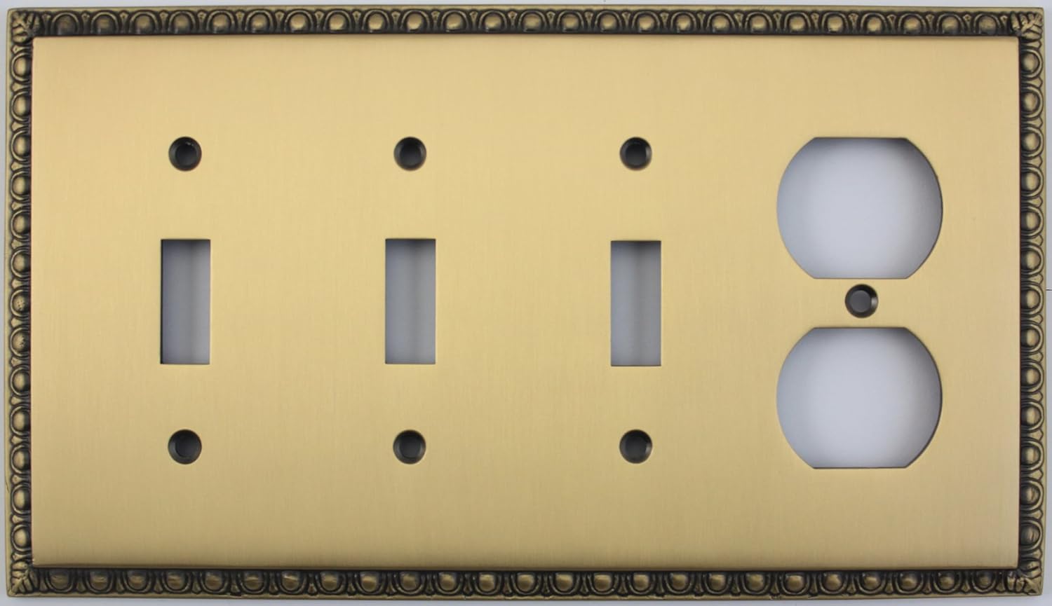 Egg & Dart Antique Brass 4 Gang Combo Switch Plate - 3 Toggle Light Switches 1 Duplex Outlet