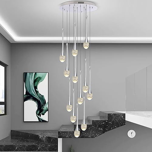 Miniatura 3 de Upfelw Candelabro moderno de cristal para escalera, cromo pulido, 12 luces, H120 pulgadas, gran techo alto, espiral, regulable, LED, gota de lluvia,