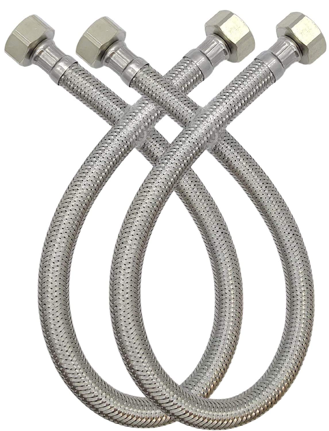 GLOBOMOTIVE 304 Grade Braided Stainless Steel Connection Pipe Hose Pipe for Wash Basin, kitchen Sink, Geyser - 24 Inch (2 Pieces Set, Pack of 1 Pair)