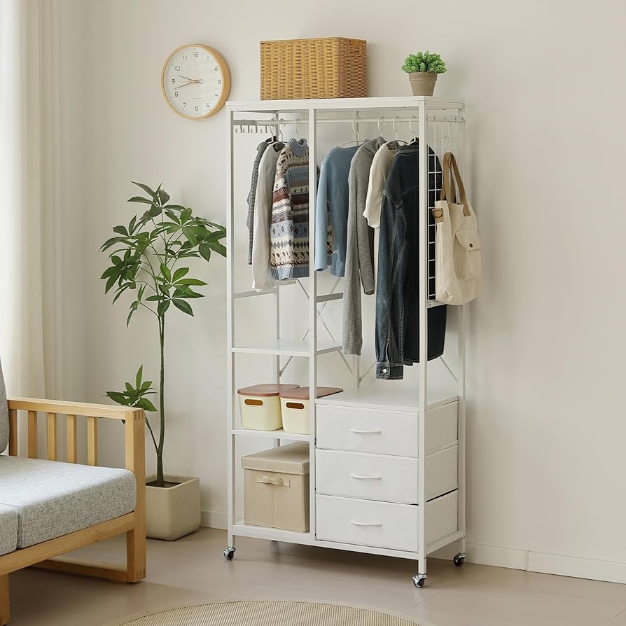 Amazon|【ホワイト】OSJ ハンガーラック 引き出し付きスリム 幅80cm Amazon|【ホワイト】OSJ ハンガーラック 引き出し付きスリム 幅80cm