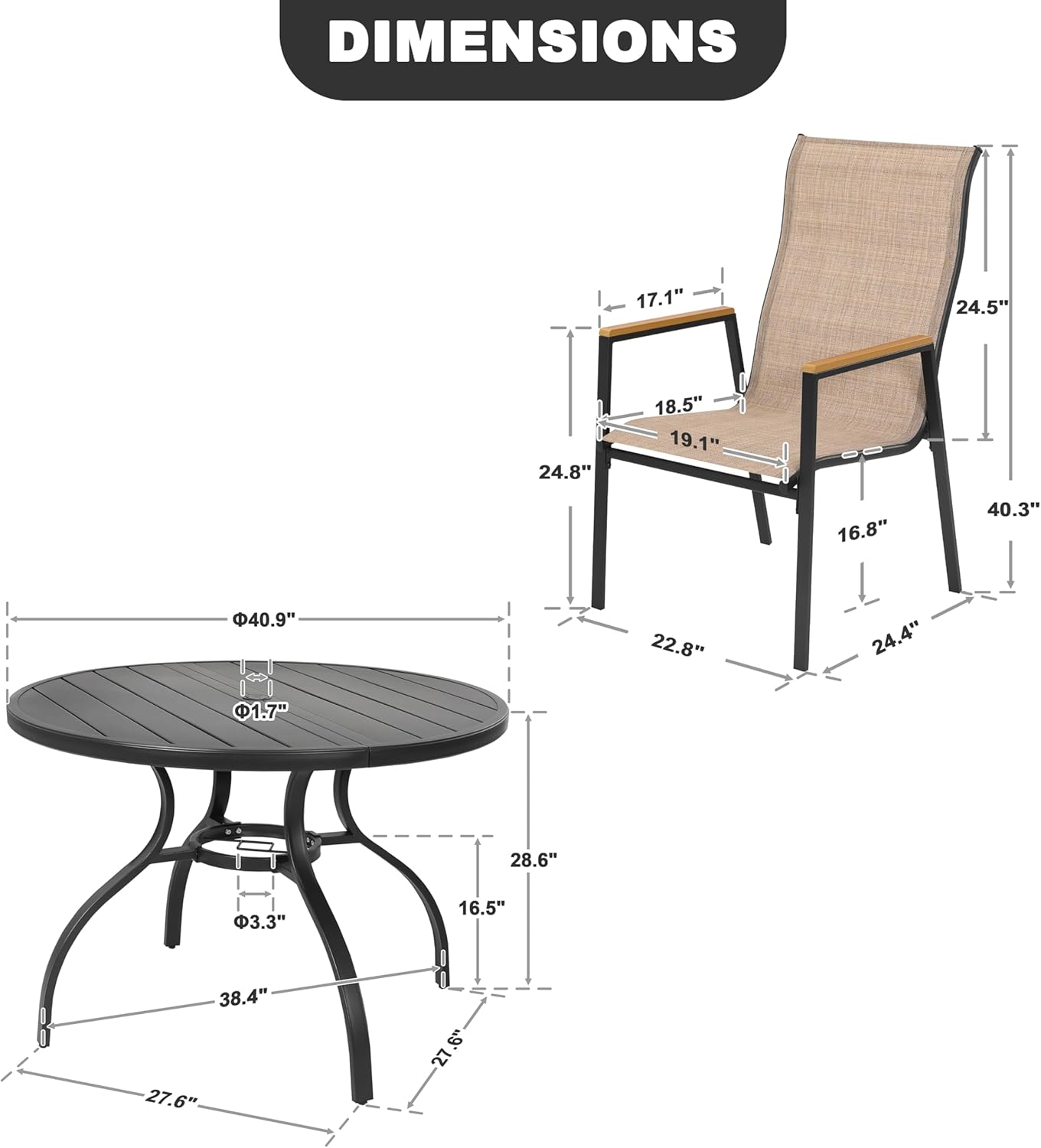 NUU GARDEN 5-Piece Patio Dining Set with Umbrella Hole, Stackable Textilene Chairs with High Back and Faux Wood Armrests, All-Weather Outdoor Dining Set Patio Furniture Set, Black and Khaki