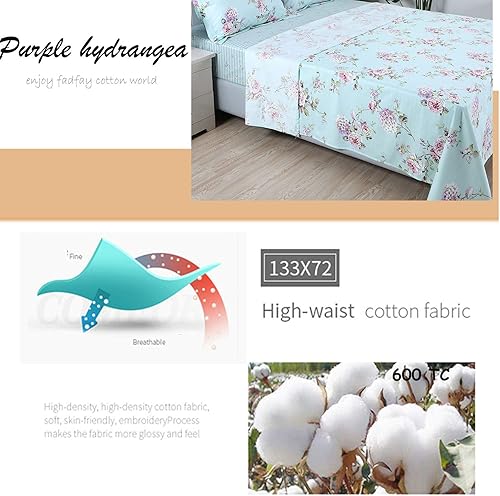 Miniatura 4 de FADFAY - Juego de sábanas de 100% algodón de 4 piezas, sábana bajera con esquinas profundas, Matrimonial, estampado floral, rosas y hortensias, azul