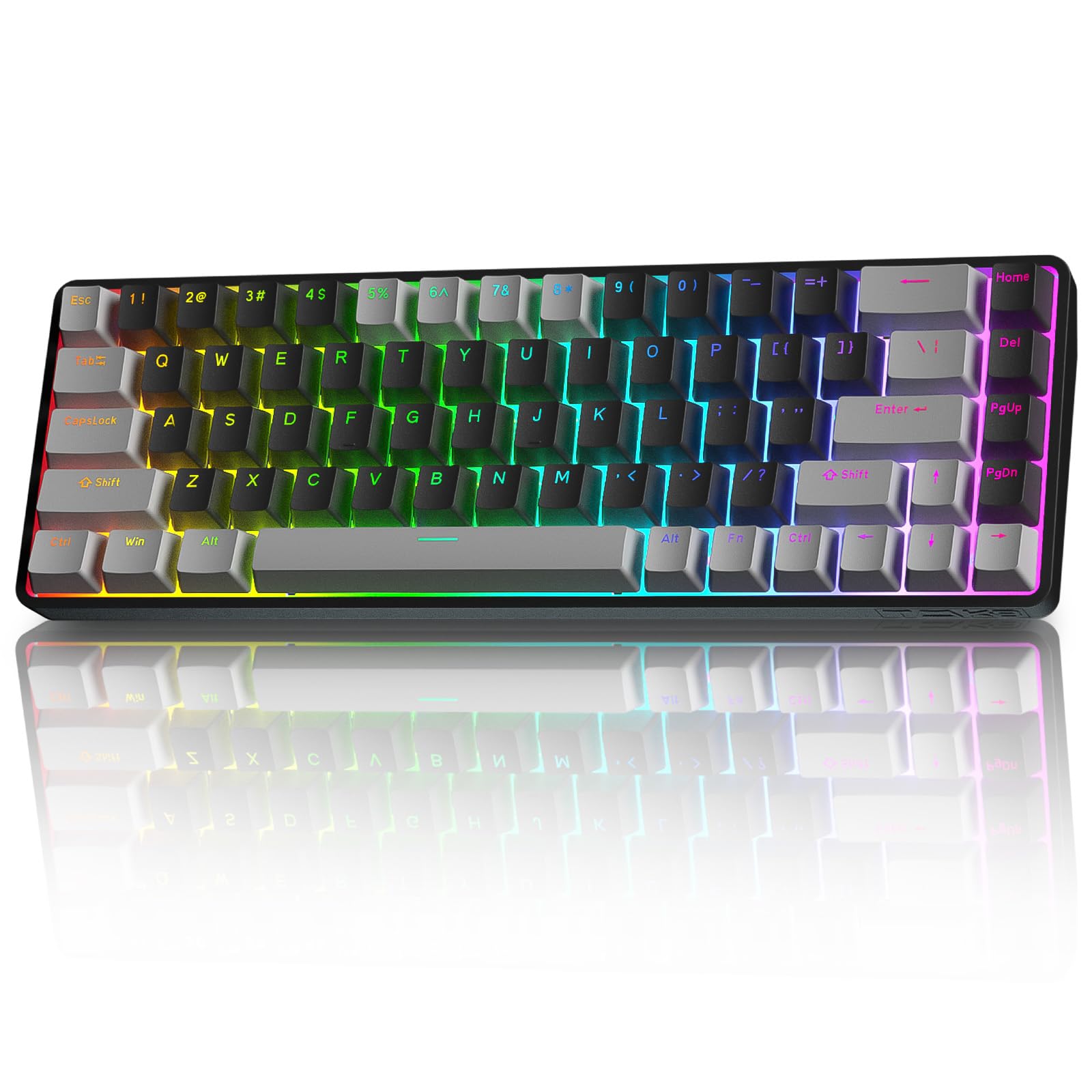 TMKB T68 Tastiera Meccanica da Gaming Wireless Tri-Mode (Bluetooth 5.0/2.4G/USB-C), Layout 60% con 68 Tasti Retroilluminazione RGB (QWERTY), Switch Rosso - Grigio/Nero